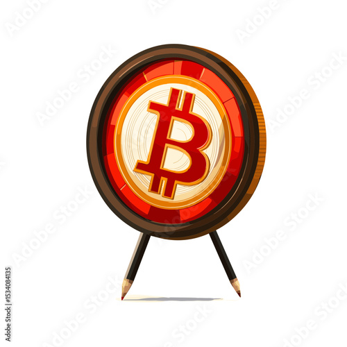 Bitcoin Coin Illustration on Stand Red Brown and White Color Scheme Digital Currency Concept