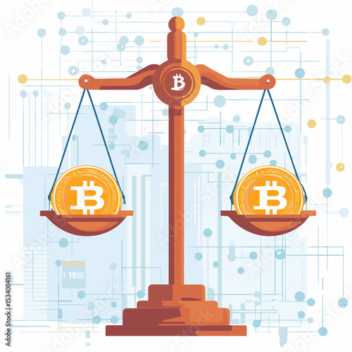 Bitcoin Cryptocurrency Scale Balancing Coins with Golden Color Isolated on White Background with Abstract Geometric Network