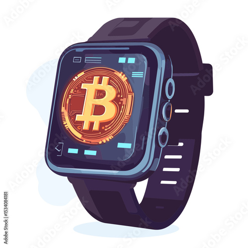 Bitcoin Cryptocurrency Theme on Smartwatch with Dark Interface in Futuristic Finance Concept