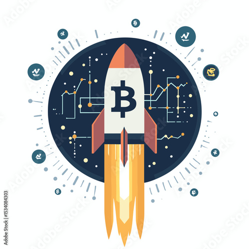 Bitcoin Rocket Launching with Network Symbol on Dark Blue Background Representing Cryptocurrency Growth and Investment in the Financial Technology Sector