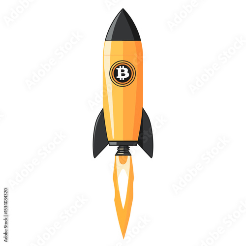 Bitcoin Rocket Ship Launching with Flames and Pixel Art Design on White Background