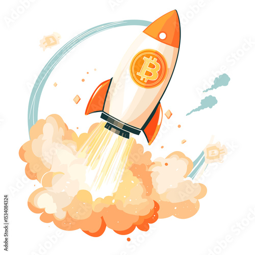 Bitcoin Rocketship Launching with Orange Flames Depicting Cryptocurrency Growth Digital Currency Business Finance and Investment