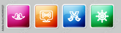 Set line Pirate hat, Location pirate, Crossed swords and Ship steering wheel. Colorful square button. Vector