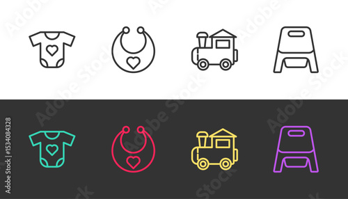 Set line Baby clothes, bib, Toy train and potty on black and white. Vector