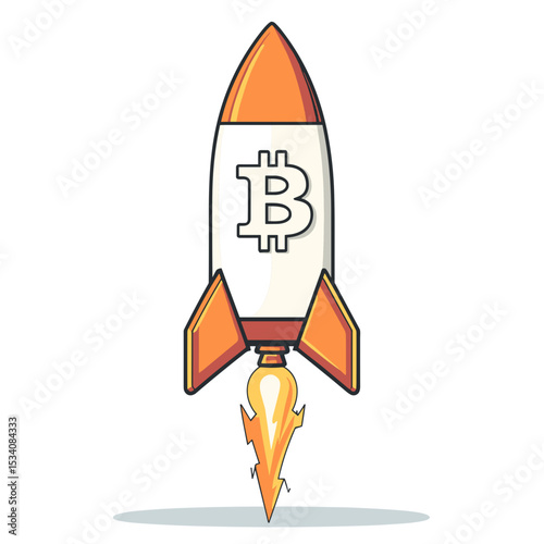 Bitcoin Rocket Ship Launching Upward on White Background with Digital Currency and Orange Flames Pixel Art