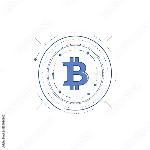 Bitcoin Symbol In Blue With Circular Geometric Pattern Isolated on White Represents Digital Currency and Blockchain Technology