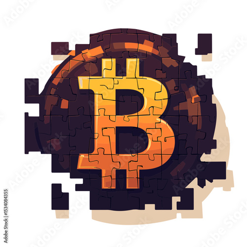 Bitcoin Symbol Made of Jigsaw Puzzle Pieces in Golden Hue for Digital Currency Concept