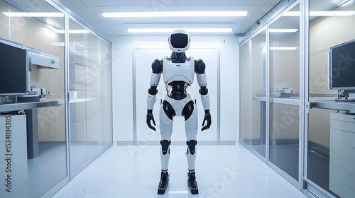 Advanced humanoid robot standing in a modern laboratory corridor