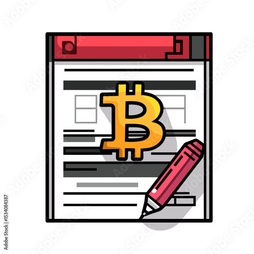 Bitcoin Symbol on Notepad with Red Pencil Vector Art Depicting Digital Currency and Financial Concepts