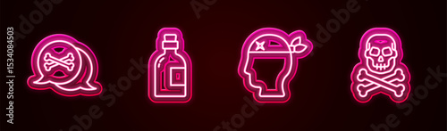 Set line Location pirate, Alcohol drink Rum, Pirate captain and Skull crossbones. Glowing neon icon. Vector