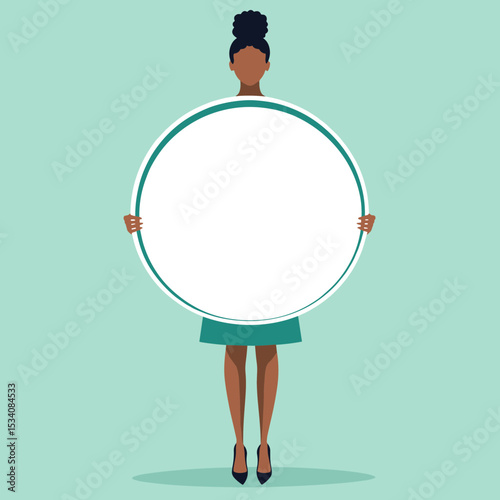 Black Woman Holding White Circle Sign in Teal Dress and Heels Against a Light Teal Background Full Body Studio Shot for Advertisement Mockup