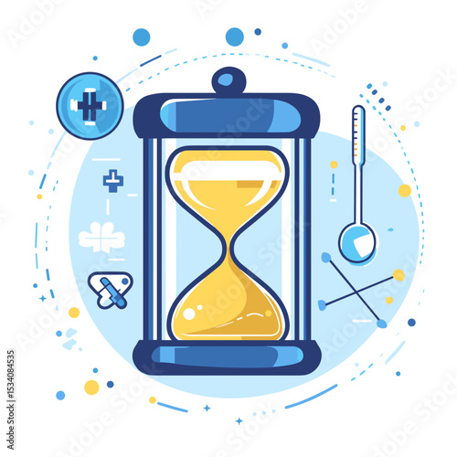 Blue and Yellow Hourglass with Sand Falling Vector Illustration Isolated on White Background Measuring Time in Abstract Geometric Design for Business