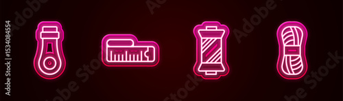 Set line Zipper, Tape measure, Sewing thread on spool and Yarn. Glowing neon icon. Vector