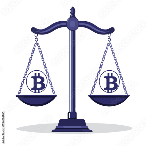 Blue Scale Balancing Bitcoins Representing Financial Equity in Digital Currency on Isolated White Background