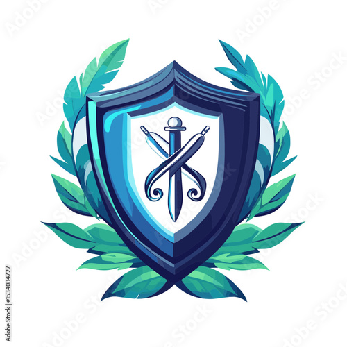 Blue Shield Insignia with Crossed Swords and Green Laurel Wreath Decorative Vector Illustration
