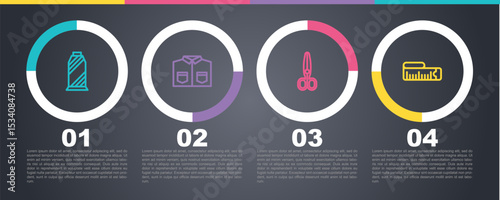Set line Sewing thread on spool, Shirt, Scissors and Tape measure. Business infographic template. Vector