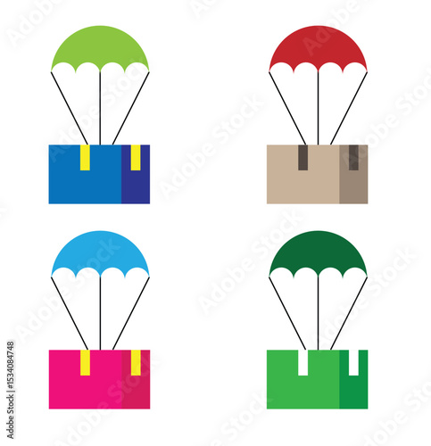 Parachute Delivering a Parcel Different Colors Set. Postal services and product delivery vector art