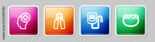 Set line Male head with hospital, Sport expander, IV bag and Eyeglasses. Colorful square button. Vector