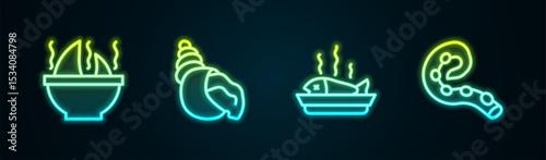 Set line Shark fin soup, Scallop sea shell, Served fish on plate and Octopus of tentacle. Glowing neon icon. Vector
