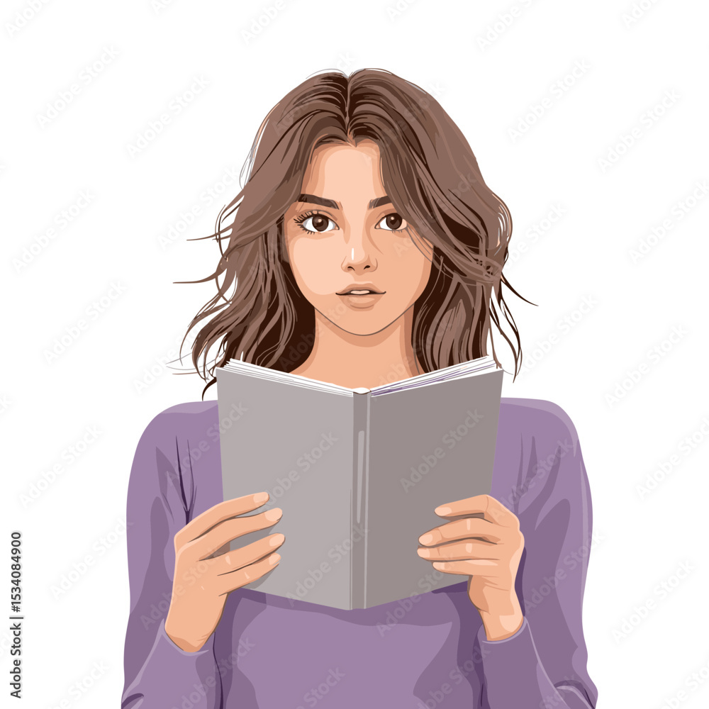 Brunette Woman in Purple Shirt Reading a Notebook with Light Background Digital Art Style Illustration Brunette Woman in Purple Shirt Reading a Notebook with Light Background Digital Art Style Illustration