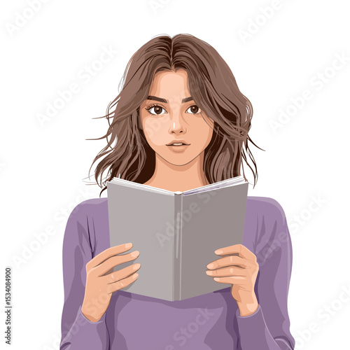 Brunette Woman in Purple Shirt Reading a Notebook with Light Background Digital Art Style Illustration