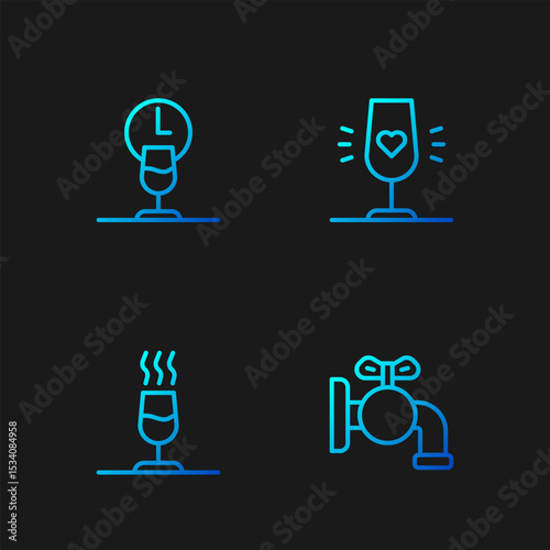 Set line Tap for a barrel, Wine tasting, degustation, time and glass. Gradient color icons. Vector