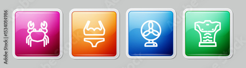 Set line Crab, Swimsuit, Electric fan and Bodybuilder muscle. Colorful square button. Vector