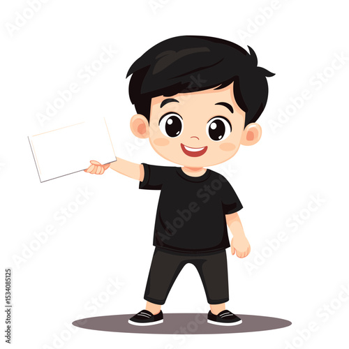 Cartoon Boy Holding a Blank White Paper in Dark Outfit on White Background Illustration