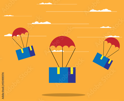 Parcels Delivered on Parachute Bright Background. Postal services and product delivery vector art
