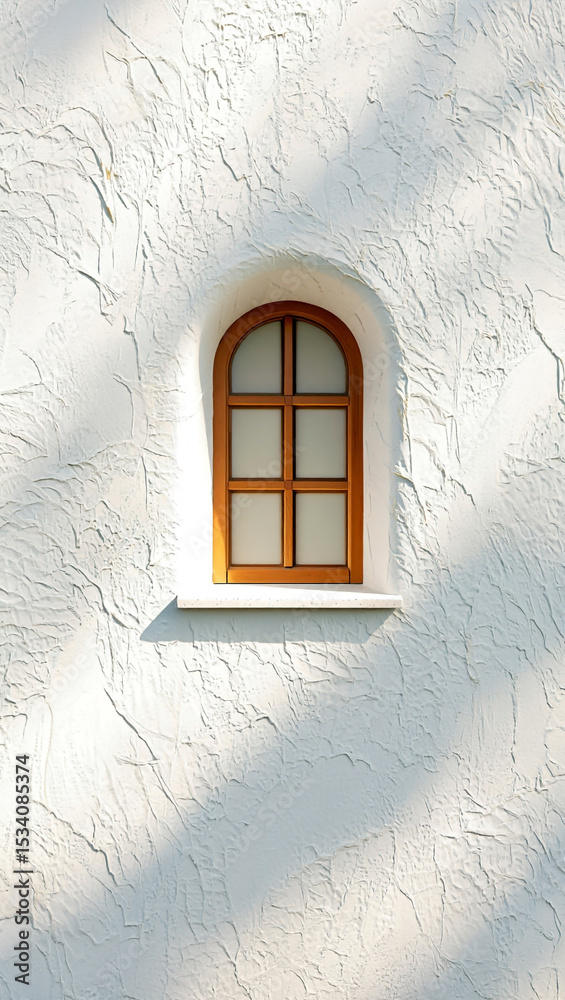 Fototapeta premium Arched wooden window framed by a textured white stucco wall bathed in sunlight creating a serene architectural detail.