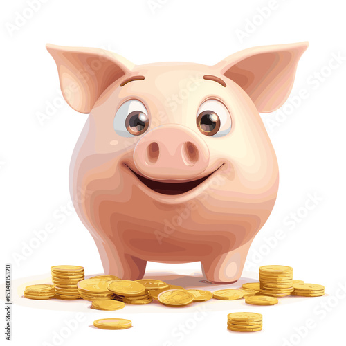 Cartoon Pink Piggy Bank Surrounded by Golden Coins Symbolizing Financial Savings and Wealth Accumulation on White Background in an Animated Style