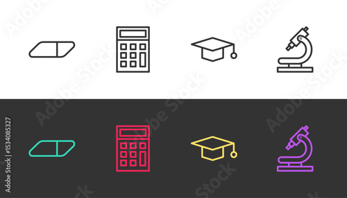 Set line Eraser or rubber, Calculator, Graduation cap and Microscope on black and white. Vector