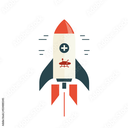 Cartoon Rocket Launching Upward with Medical Symbol on White Background