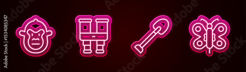 Set line Monkey, Binoculars, Shovel and Butterfly. Glowing neon icon. Vector