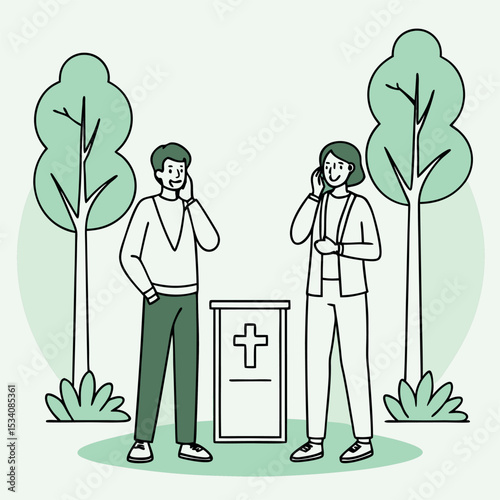 Couple Communicating on Smartphones at Cemetery Near Grave Tombstone