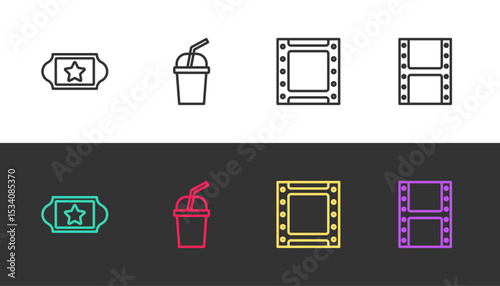 Set line Cinema ticket, Paper glass with water, Play video and on black and white. Vector