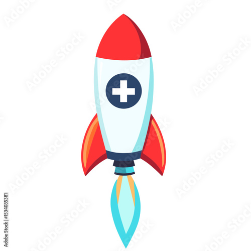 Cartoon Rocket with Medical Cross Symbol Ascending on White Background