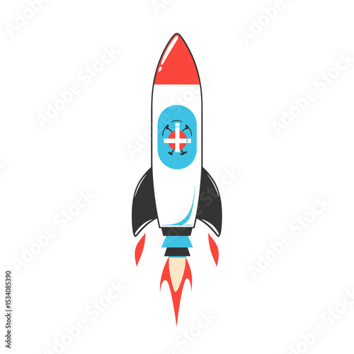 Cartoon Rocket Ship Launching Upward with Flames on White Background
