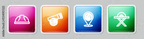 Set line Worker safety helmet, Hand saw and log, Wooden logs and Electric circular. Colorful square button. Vector