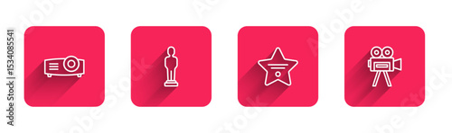 Set line Movie, film, media projector, trophy, Walk of fame star and Retro cinema camera with long shadow. Red square button. Vector
