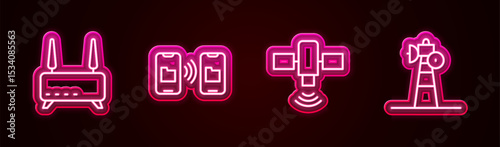 Set line Router and wi-fi signal, Data transfer storage, Satellite and dish. Glowing neon icon. Vector