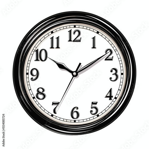 Circular Wall Clock with Black Frame White Face and Clear Numerals Showing Ten Past One