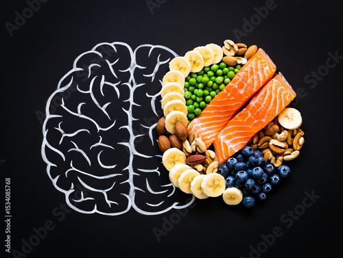 Brain food concept depicted with nutritious ingredients on a black background for optimal brain health and cognitive function