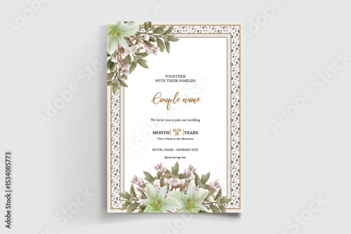 WEDDING INVITATION FRAME WITH FLOWER DECORATIONS AND FRESH LEAVES