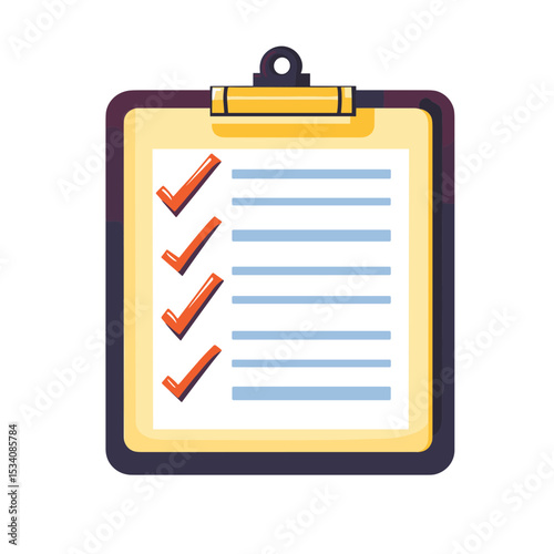 Clipboard with Checkmarks and Blue Lines on White Paper Yellow and Black Frame