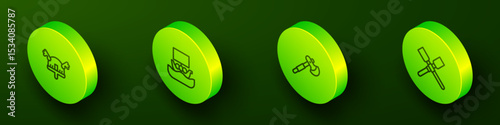 Set Isometric line Viking in horned helmet, ship Drakkar, Wooden axe and Oars paddles boat icon. Vector