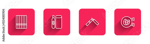 Set line Cigarette, Electronic cigarette, Broken and Tobacco leaf shop with long shadow. Red square button. Vector