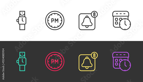 Set line Wrist watch, Day time, Alarm clock app mobile and Calendar and on black and white. Vector