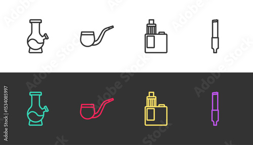 Set line Bong, No pipe smoking, Vape mod device and Cigarette on black and white. Vector