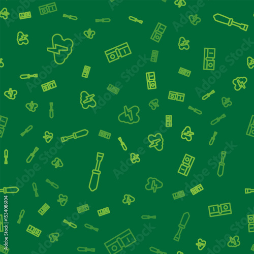 Set line Cloud and lightning, Screwdriver and Electric switch on seamless pattern. Vector